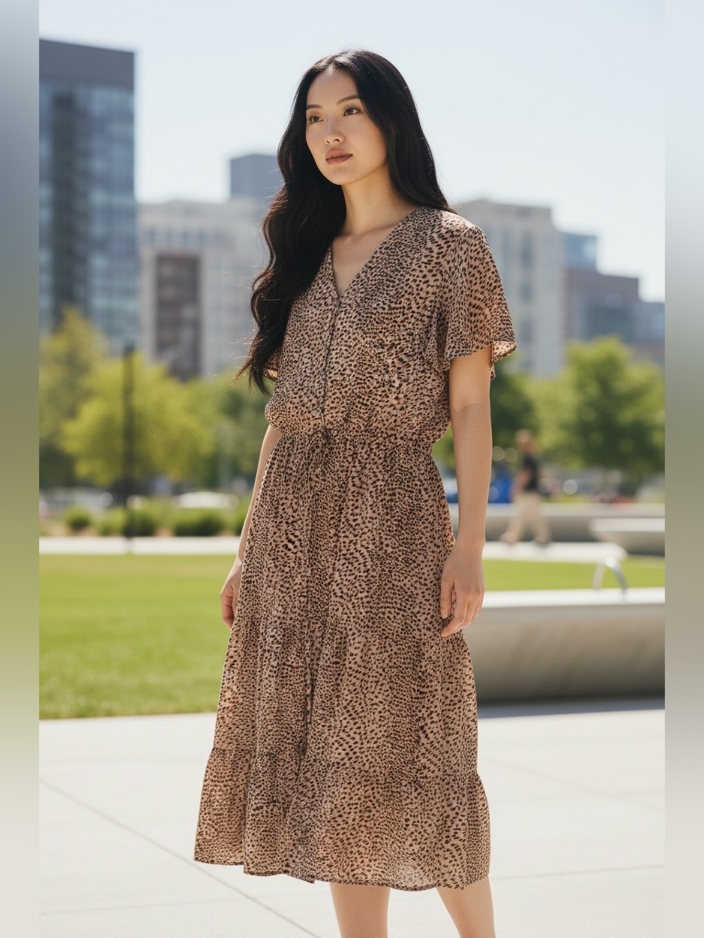 Tan Leopard-Print V-Neck Midi Dress with Tie Waist
